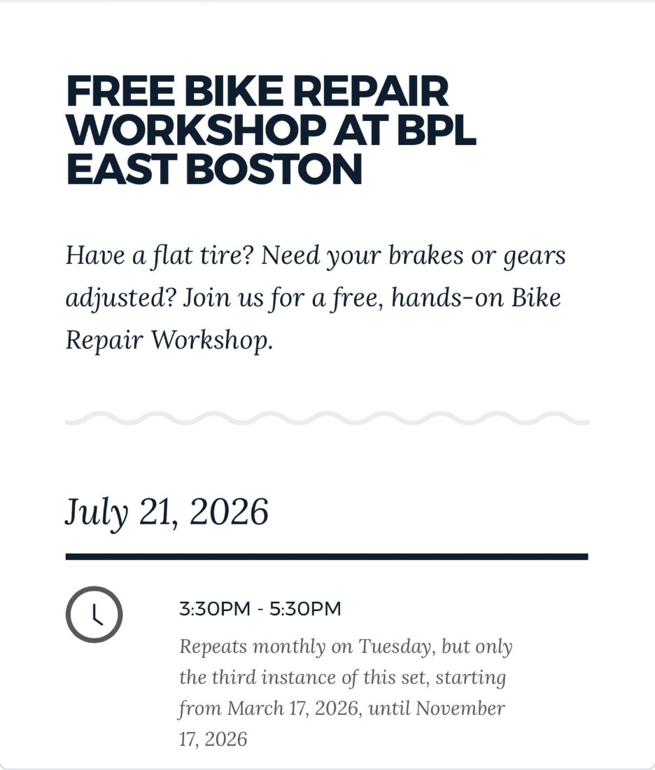 Free Bike Repair Workshop at BPL East Boston